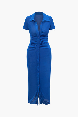 Solid Ruched Button Up Collar Midi Dress (S / BLUE)