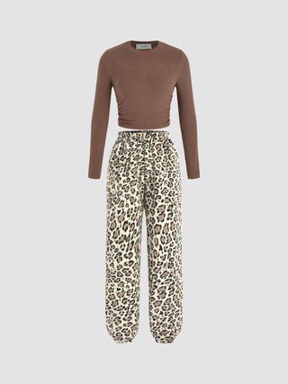 Solid Ruched Crop Top & Fleece Leopard Print Pants Set