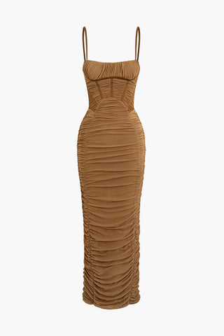 Solid Ruched Mesh Slip Maxi Dress (L / COFFEE)