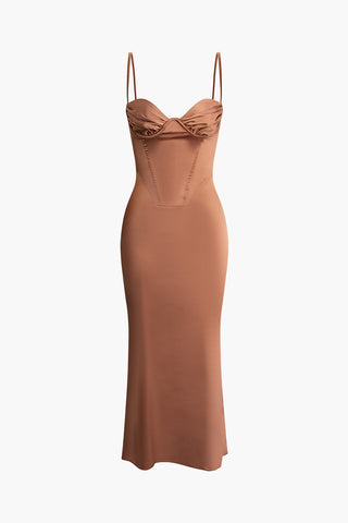 Solid Ruched Slip Midi Dress (S / BROWN)