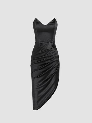 Solid Ruched Strapless Midi Dress