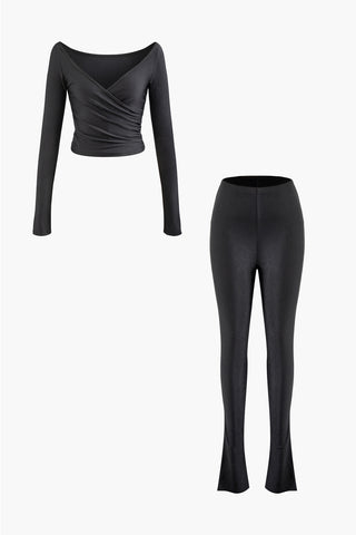 Solid Ruched V-neck Crop Top And Pants Set (L / BLACK)