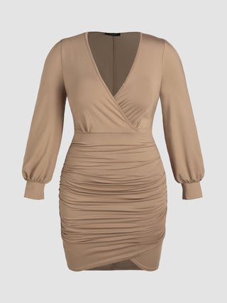 Solid Ruched V-neck Dress Curve & Plus