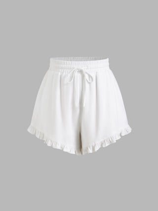 Solid Ruffle Hem Elastic Waist Shorts