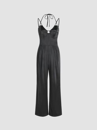 Solid Satin Cut Out Halter Jumpsuit