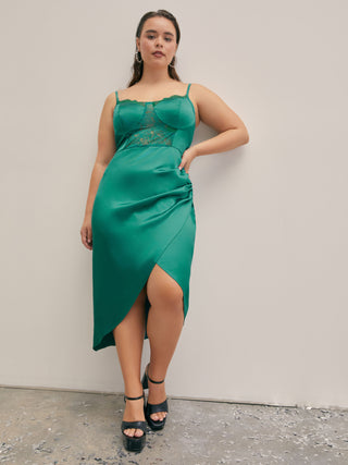 Solid Satin Midi Dress Curve & Plus (0XL / Green)