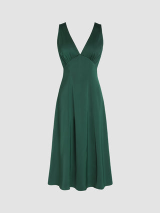 Solid Satin V-neck Maxi Dress (M / Green)