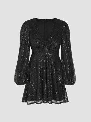 Solid Sequin V-neck Ruched Mini Dress