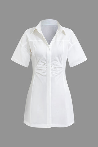 Solid Short Sleeve Mini Shirt Dress (S / WHITE)