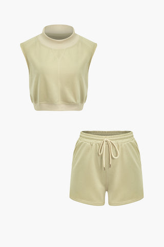 Solid Sleeveless Mock Neck Crop Top And Drawstring Shorts Set (XL / KHAKI)