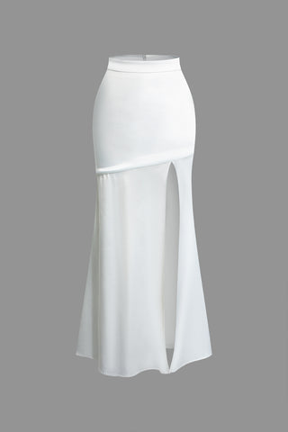 Solid Split Zipper Mermaid Midi Skirt (M / WHITE)