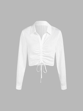 Solid Striped Drawstring Cropped Blouse