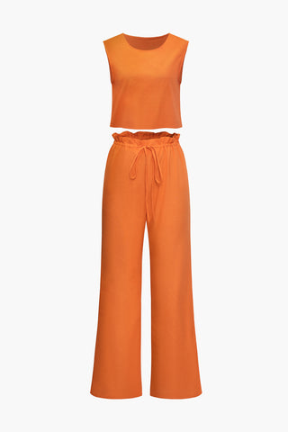 Solid Tank Top And Drawstring Wide Leg Pants Set (L / ORANGE)