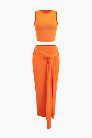 Solid Tank Top And Tie Midi Skirt Set (XL / ORANGE)