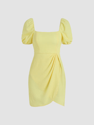 Solid Textured Ruched Puff Sleeve Dress