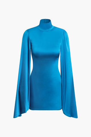 Solid Turtleneck Bell Sleeve Ruched Mini Dress (S / BLUE)