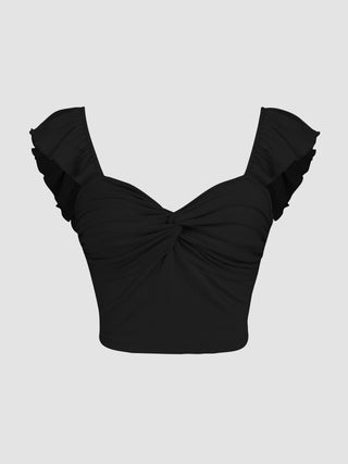 Solid Twist Ruffle Sleeve Crop Top