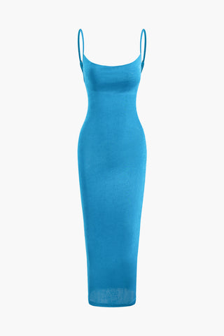 Solid U-neck Backless Slip Maxi Dress (L / BLUE)