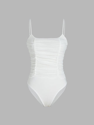 Solid U-neckline Ruched Bodysuit (XL / White)