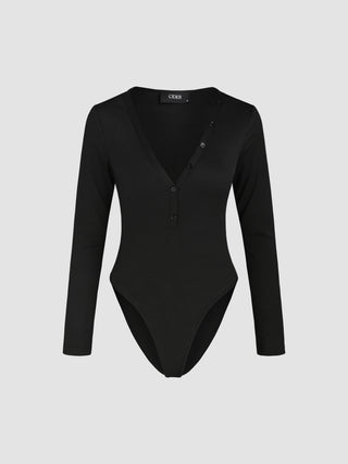 Solid V-neck Bodysuit (S / Black)