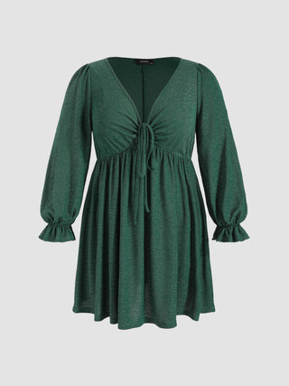 Solid V-neck Drawstring Ruffle Mini Dress Curve & Plus (0XL / Green)