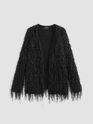 Solid V-neck Fringe Shaggy Cardigan