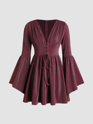 Solid V-neck Glitter Lace Up Ruffle Bell Sleeve Mini Dress