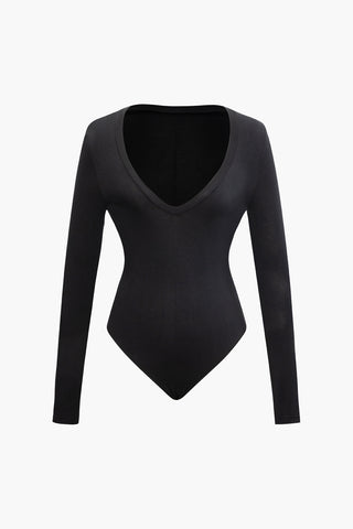 Solid V-neck Long Sleeve Bodysuit (M / BLACK)