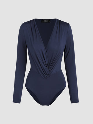 Solid V-neck Long Sleeve Bodysuit (M / Blue)