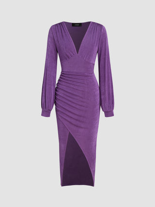 Solid V-neck Ruched Knitted Midi Dress