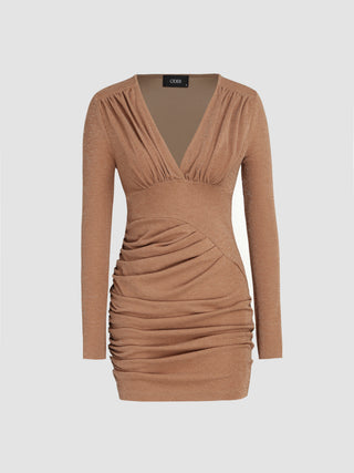 Solid V-neck Ruched Knitted Mini Dress