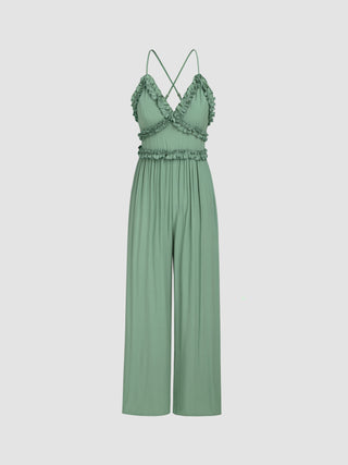 Solid V-neck Sleeveless Ruffle Jumpsuit (S / Green)