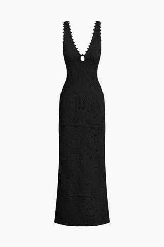 Solid V-neck Slip Knit Maxi Dress (S / BLACK)