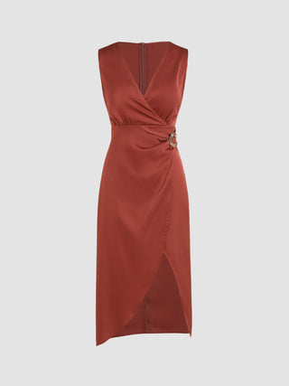 Solid V-neck Slit Sleeveless Dress