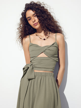 Solid V-neck Twist Ruched Bowknot Cami Crop Top