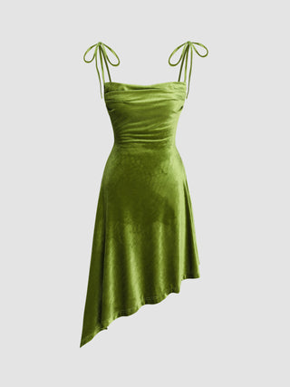 Solid Velvet Tie Shoulder Asymmetrical Hem Dress (XL / Green)