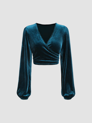 Solid Velvet V-neck Crop Top (S / Blue)