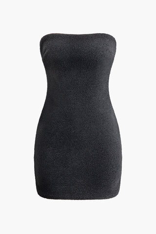 Solid Zipper Strapless Midi Dress (S / BLACK)