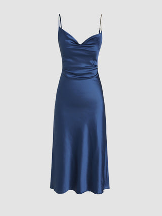 Split Asymmetrical Ruched Midi Dress (S / Navy Blue)