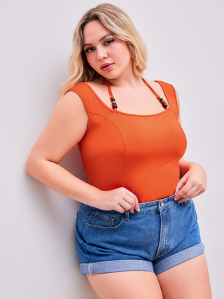 Square Neck Beaded Halter Solid Bodysuit Curve & Plus (2XL / Orange)