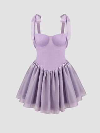 Square Neck Bowknot Ruffle Hem Tulle Tiered Mini Dress