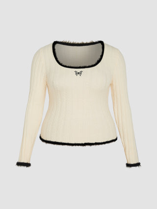 Square Neck Butterfly Knitted Long Sleeve Top Curve & Plus