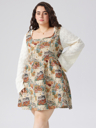 Square Neck Cat Embroidery Ruffle Mini Dress Curve & Plus