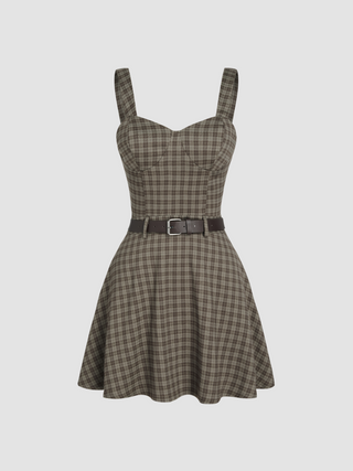 Square Neck Check Belted Mini Dress