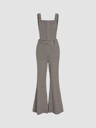 Square Neck Check Button Flared Jumpsuit