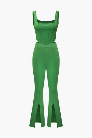 Square Neck Corset Top And Split Flared Pants Set (XL / GREEN)