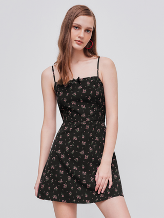 Square Neck Floral Bowknot Mini Dress (M / Black)