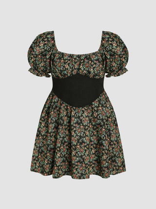 Square Neck Floral Puff Sleeve Corset Mini Dress Curve & Plus