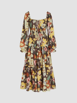 Square Neck Floral Shirred Midi Dress