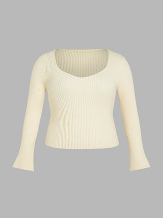 Square Neck Knitted Long Sleeve Top Curve & Plus